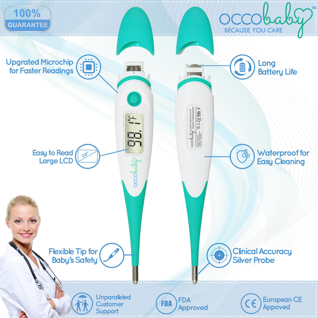 Occobaby Clinical Digital Baby Thermometer - Flexible Tip and 10 Second Fever Read